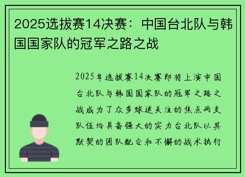 2025选拔赛14决赛：中国台北队与韩国国家队的冠军之路之战