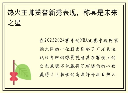 热火主帅赞誉新秀表现，称其是未来之星