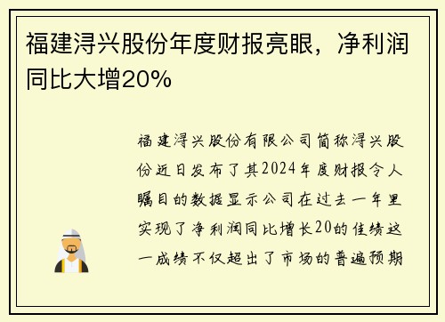 福建浔兴股份年度财报亮眼，净利润同比大增20%